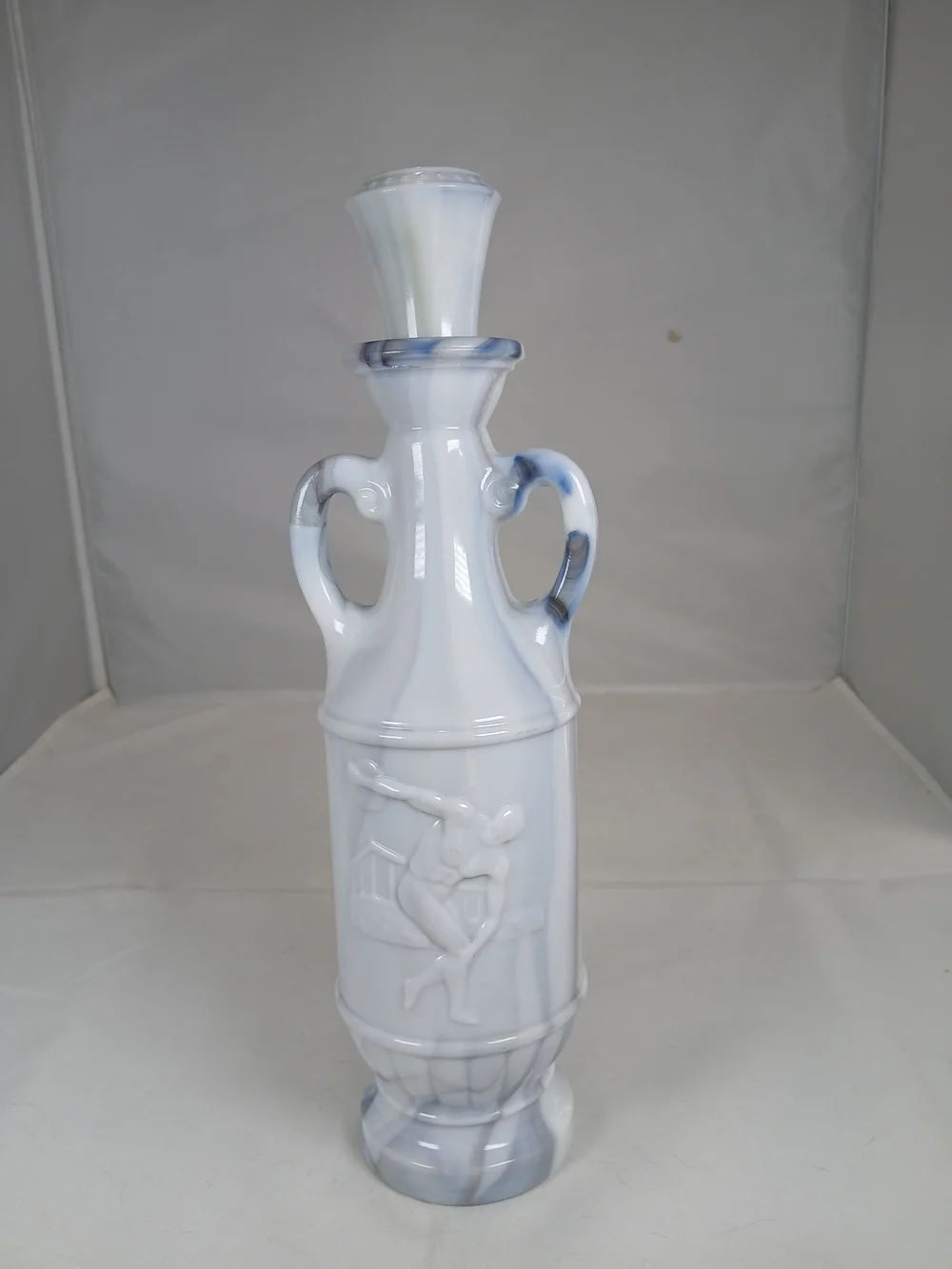 Olympian McGill Canadian Whiskey Milk Glass Liquor Bottle White Gray Marble